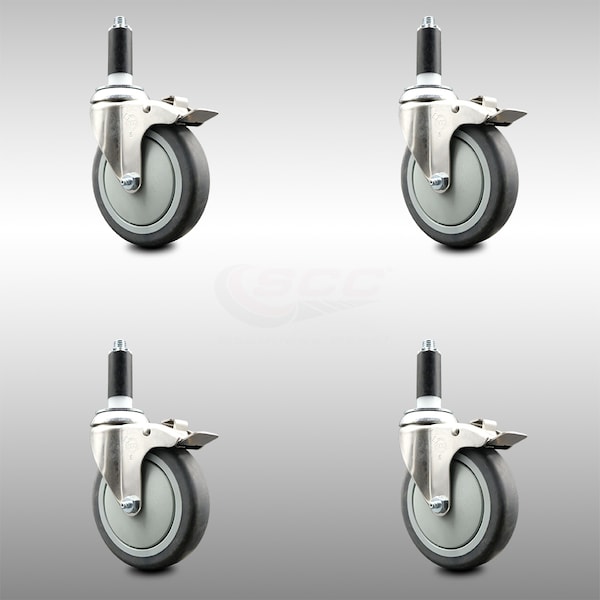 5 Inch 316SS Thermoplastic Rubber Swivel 1 Inch Stem Caster Set Lock Brake